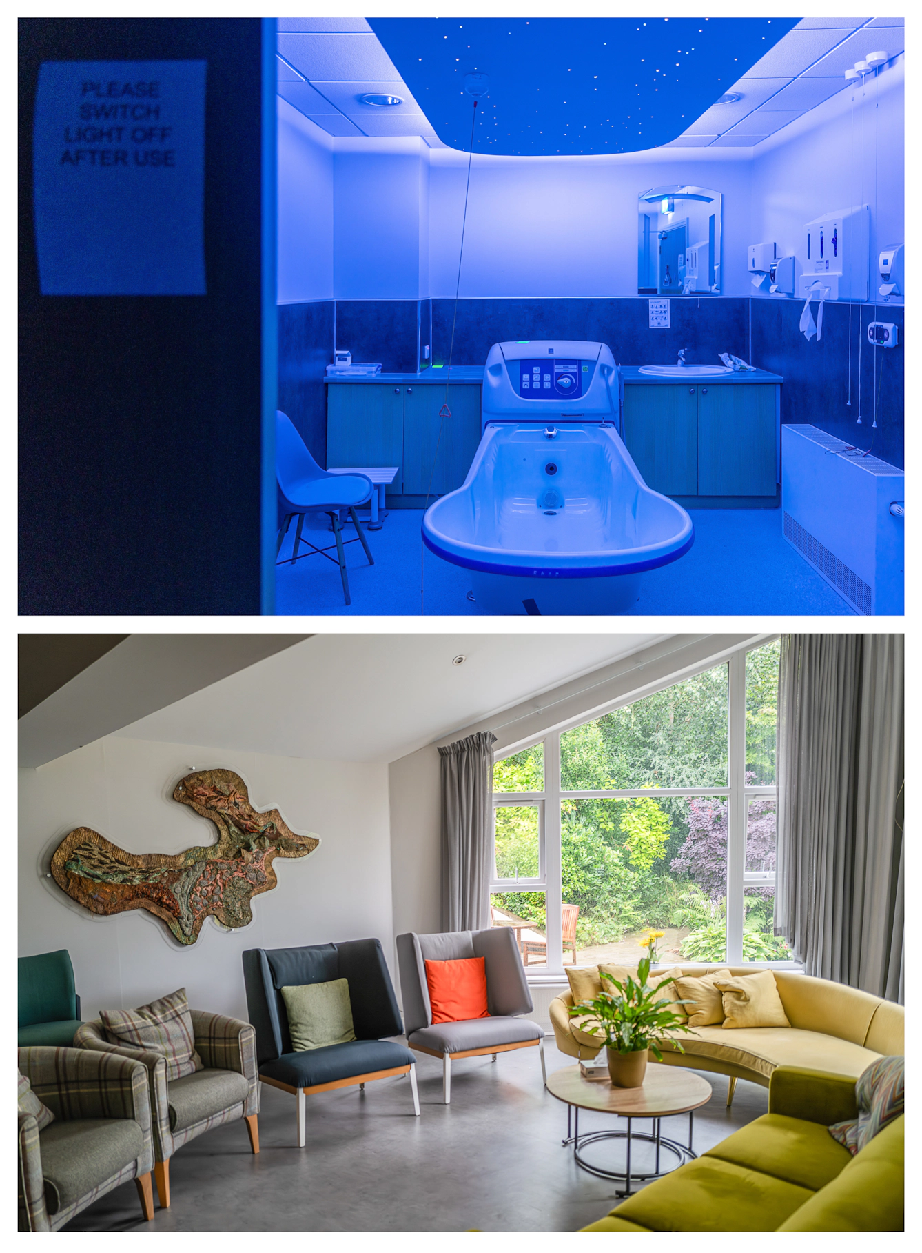 Photographic diptych, one image shows a high-tech bath in the centre of a room lit with soothing blue light. The other shows a room filled with comfortable armchairs and sofas and a calming view out into a green garden. 