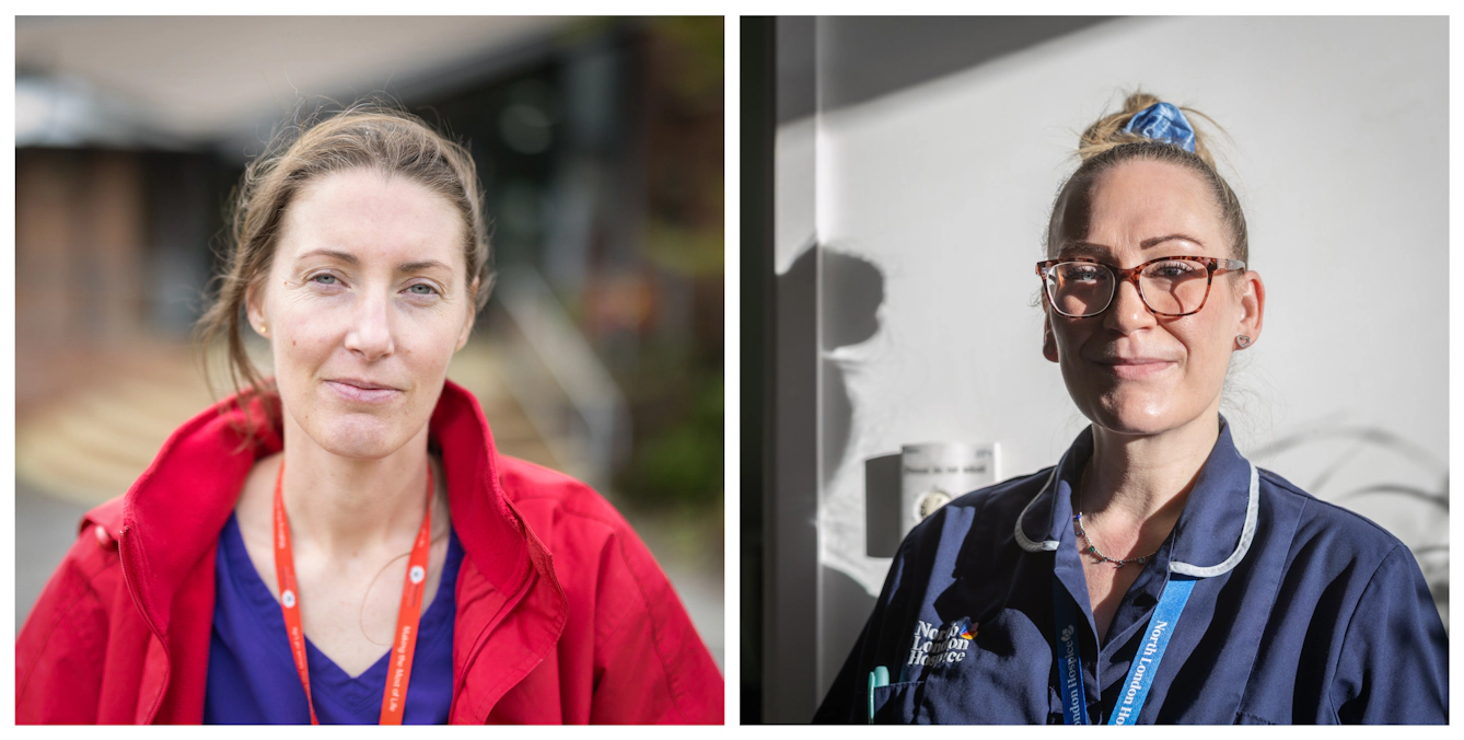 Portrait diptych of the head and shoulders of 2 palliative care nurses, both in their uniform looking straight to camera.