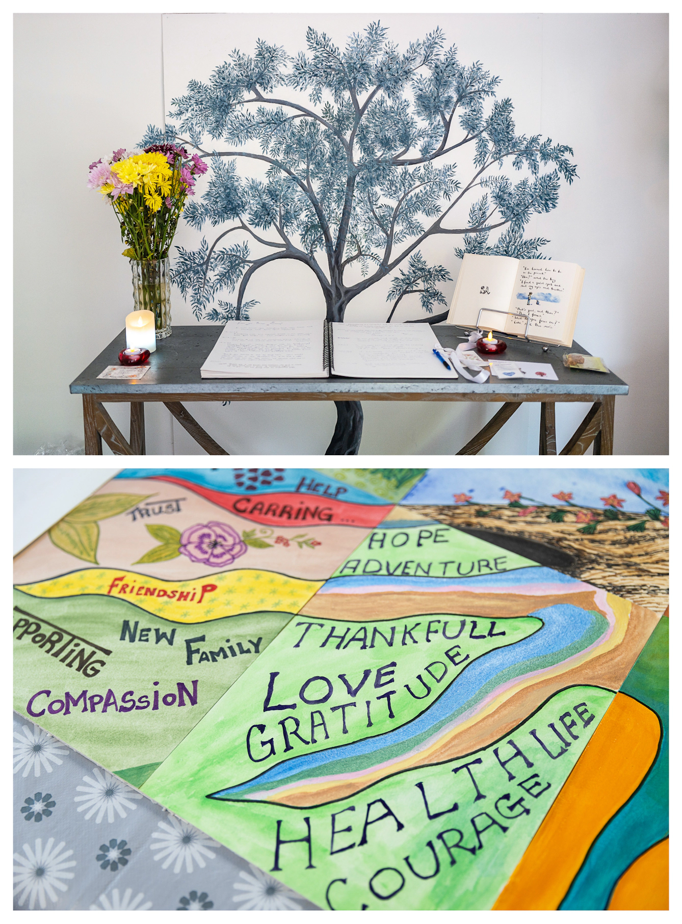 Photographic vertical diptych, the top image shows a commemoration table in a hospice with remembrance book, candle and a tree painted on the wall behind. The bottom image shows a hand made tree of life artwork with the words, hope, adventure, thankful, love and gratitude written on it.