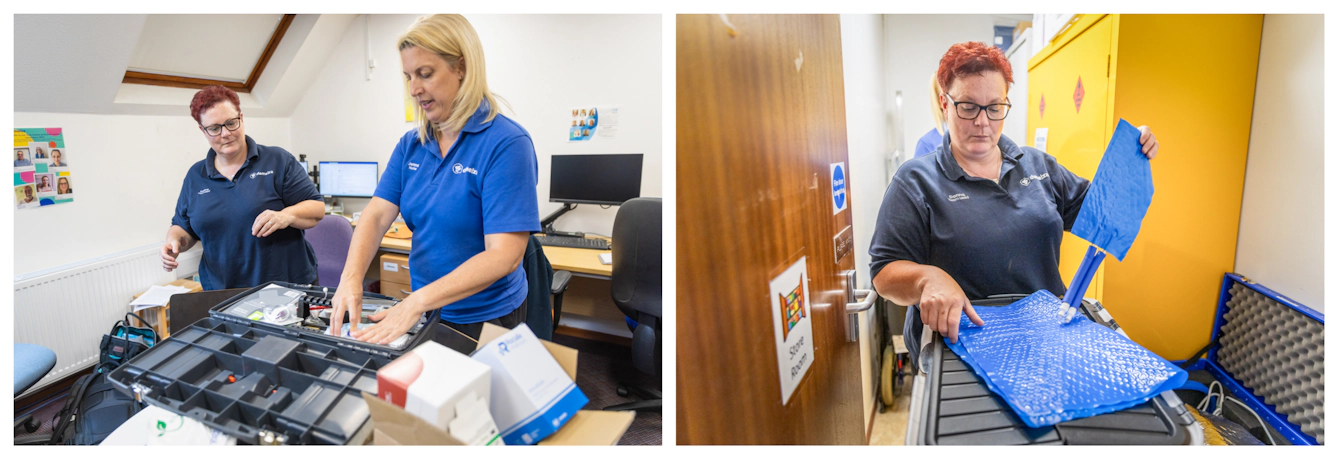 Photographic diptych showing two palliative care nurses preparing equipment. In one image they are packing a box with supplies. And in the other one of them is checking a 'cuddle-cot' or cooling mat.