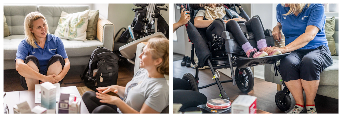Photographic diptych showing a palliative care nurse on a home visit. In one image the nurse sits on the floor chatting with a mother and in the other she sits with a child in a wheelchair whose head is out-of-frame, resting her hand on their foot. 