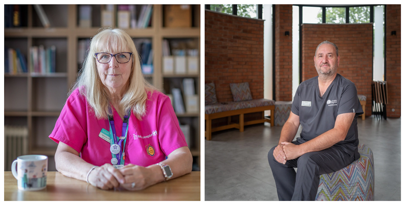 Portrait diptych of 2 palliative care nurses, both in their uniform looking straight to camera.