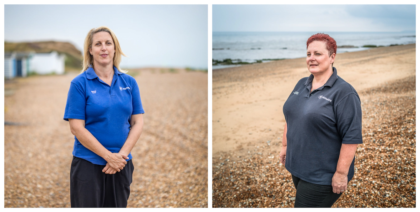 Portrait diptych of 2 palliative care nurses, both in their uniform standing on a pebble beach.