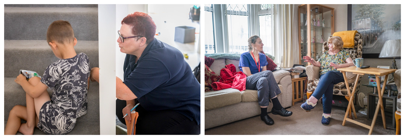 Photographic diptych showing palliative care nurses on a home visit. In one image a nurse talks through the side of a staircase with a young child whop has their back tot he camera. In the other a nurse sits on the sofa in a living room, in conversation with a woman sitting in an armchair.