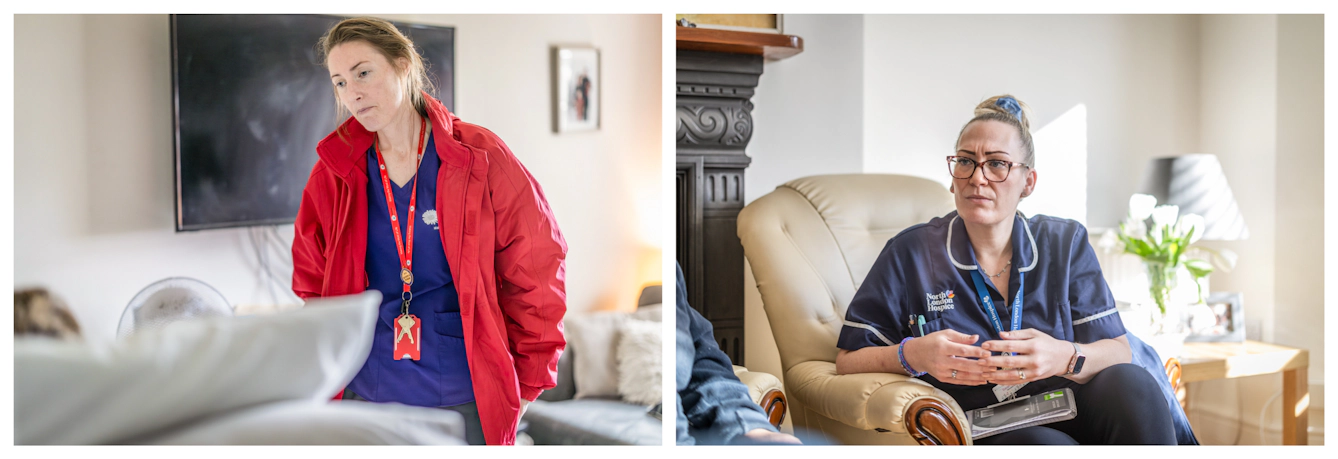 Photographic diptych showing palliative care nurses on a home visit. In both images the nurses sit or stand, talking to someone just out of frame to the left.