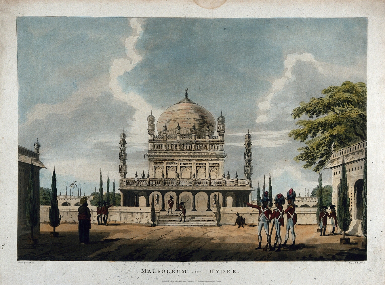 Colourful print, etching and aquatint with watercolour, of the Mausoleum of Haidar Ali. The print shows an elaborate mausoleum building with a large domed top and many decorative pillars and features. There is a courtyard outside the mausoleum where several groups of soldiers are standing patrol, with guns across their shoulders. There are several trees across the landscape and the sky is blue with clouds. Text along the bottom of the print reads ' Mausoleum of Hyder', smaller text below this reads 'Drawn by Capt Allen. Published June 4 1974 for Capt Allen at No 6 Great Malborough Street.'