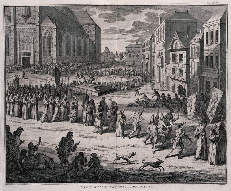 Monochrome etching of a procession through a town