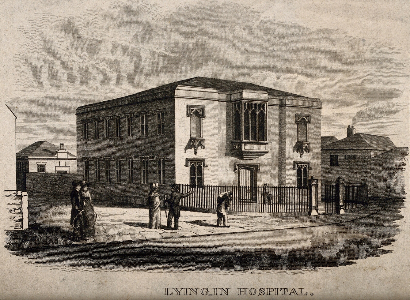 Monochrome etching showing the Newcastle-Upon-Tyne Lying-In Hospital, a square building with two floors and rectangular windows all around. 