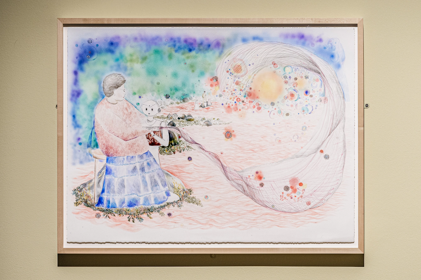 A drawing of a person sitting in a dreamlike landscape, with a robot next to them.