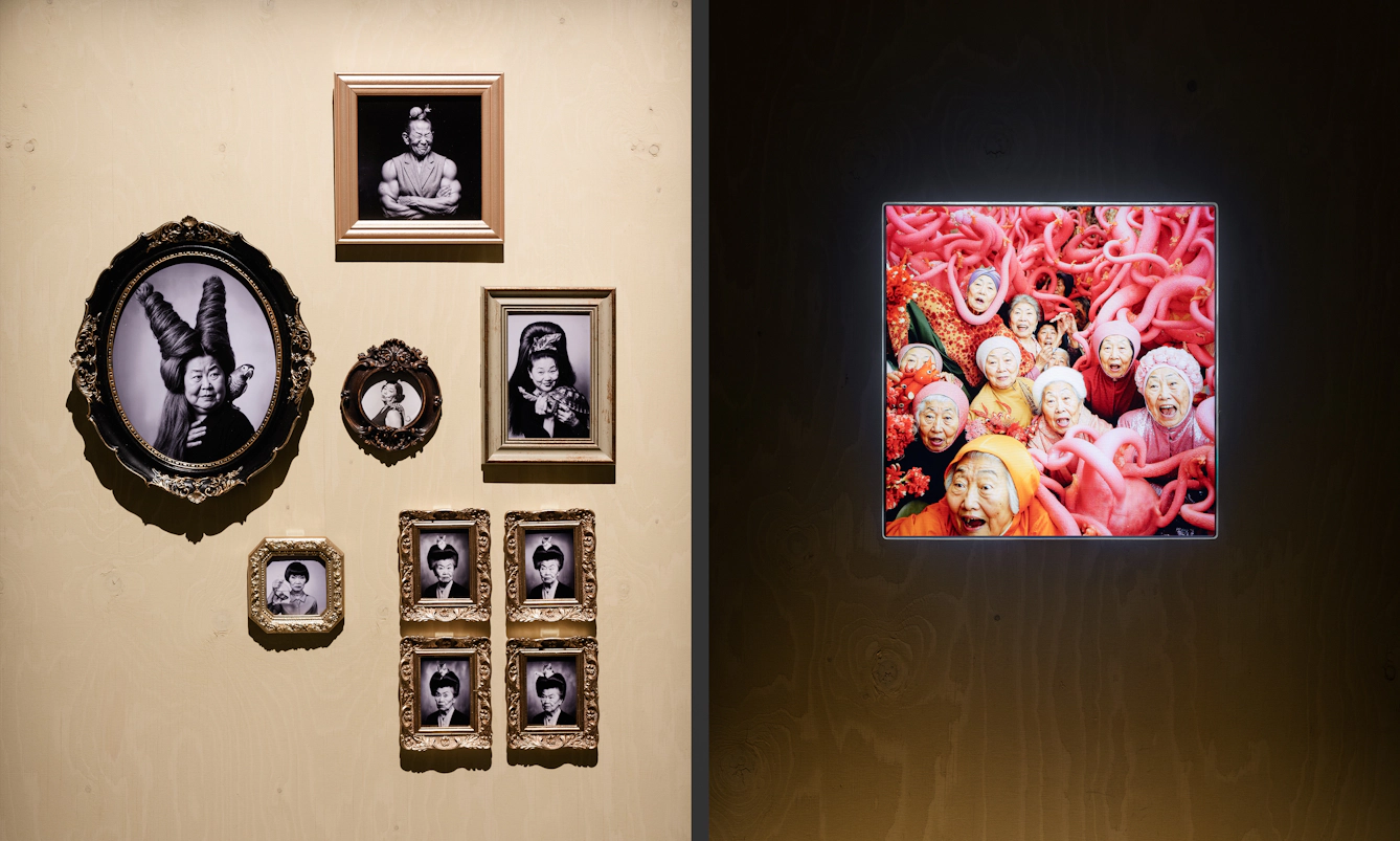 On the left are surreal black and white portraits of women, while on the right is a photo of a group of older women are surrounded by pink tentacles.