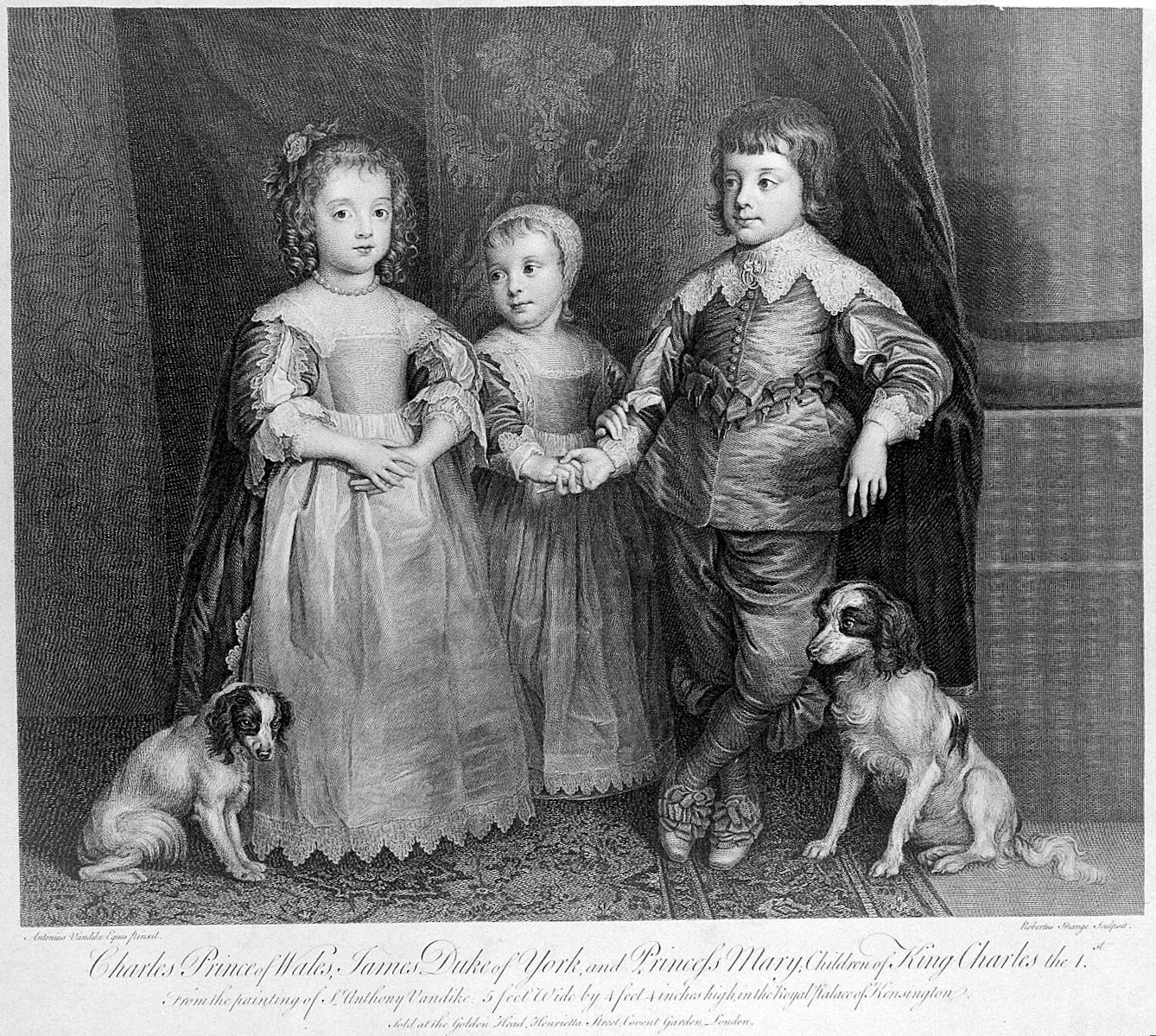 Black and white image of King Charles I's three young children. From left to right, the image shows Princess Mary, James II as Duke of York, and Charles II as Prince of Wales. There are two King Charles Spaniels next to the children.  