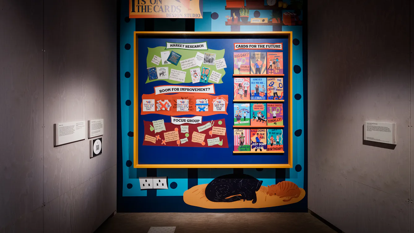 Research display board titled “It’s on the Cards”, covered in colourful notes and ideas about birthday cards. Positive suggestions like “Kind, sincere words”, “Cards for the future”, “Another year one less fear”, “Double digits! Finally!”, “Celebrate unique you!” and “Have a 10 out of 10 birthday!” are mixed with criticisms of current cards.