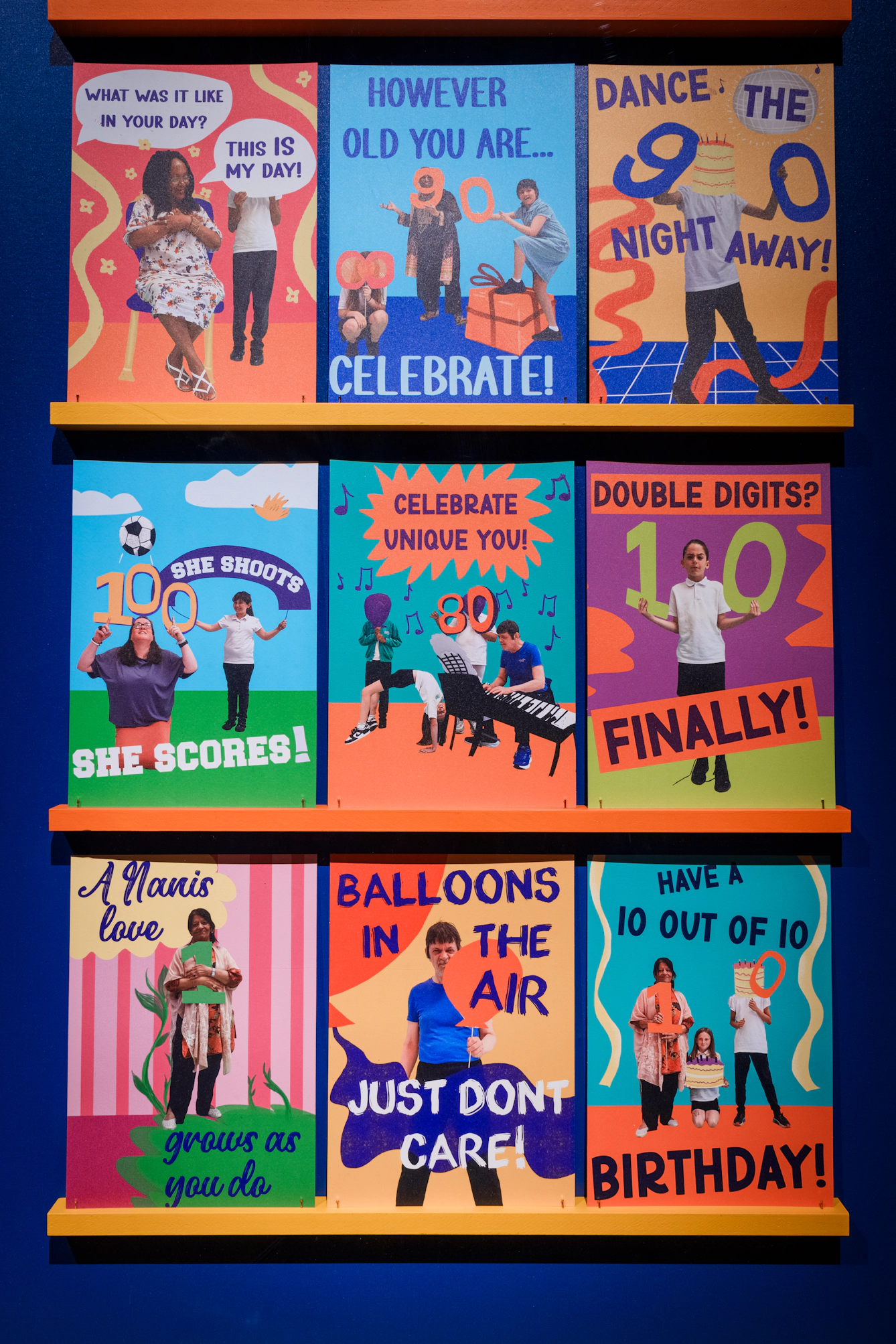Nine colourful birthday cards with positive messages.