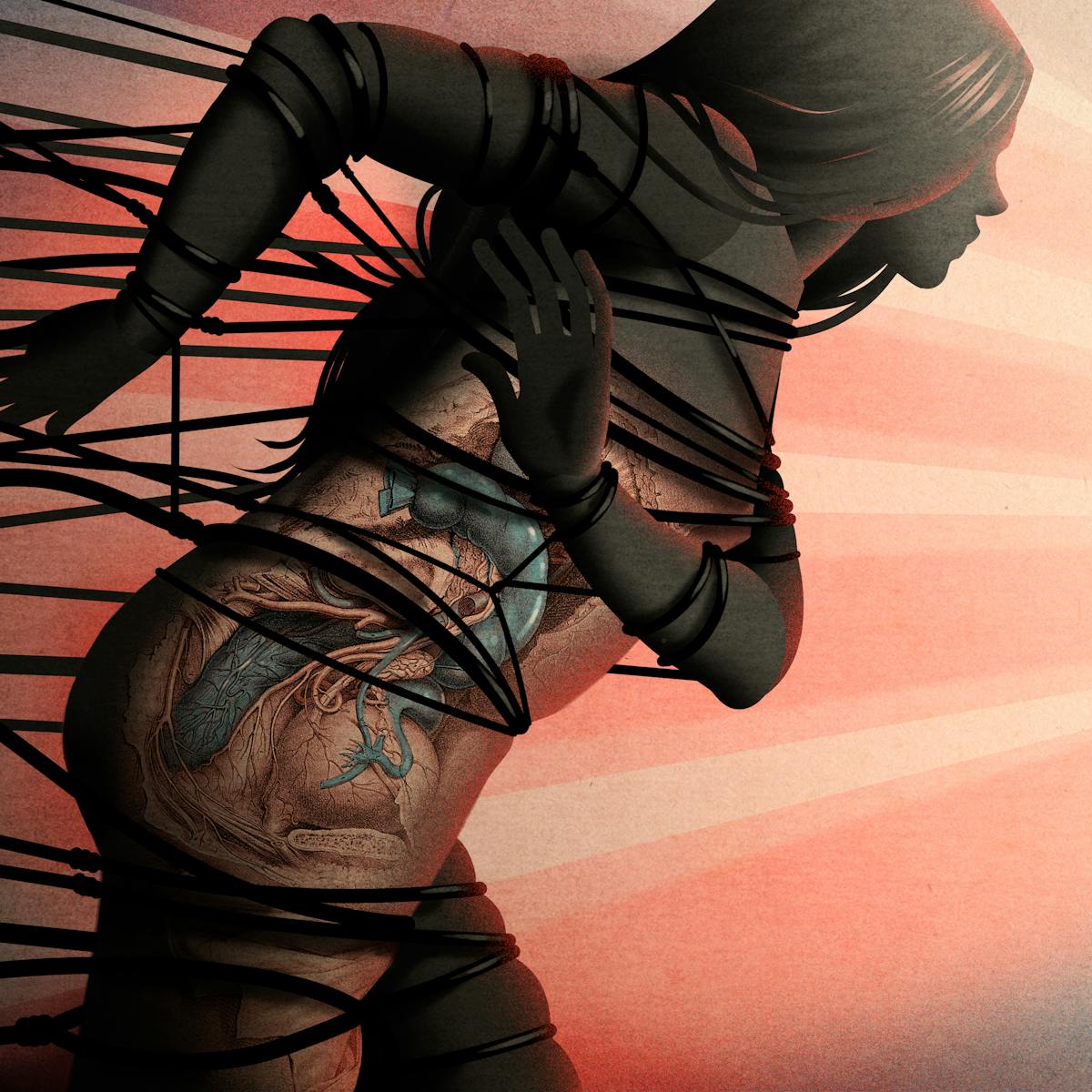 Illustration of a female figure in the process of running from the left of the image to the right. Her arms and body are being restrained by many ropes. Some of these ropes are breaking as she strains against them. Over her torso can be seen illustrations of her internal organs, some of which have turned blue as if frozen. The hues of the illustration are muted reds and blues.