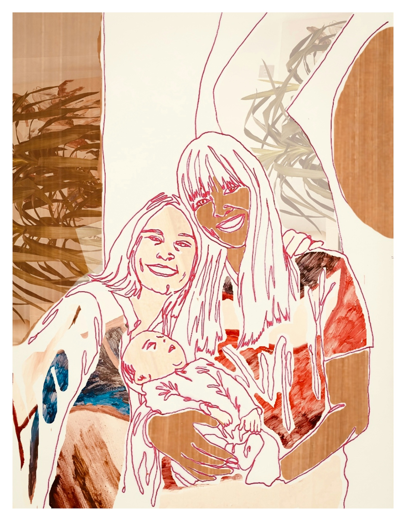 Digital artwork made up of collage elements, line drawing and textured patterns. The artwork depicts a family unit made up of two women leaning in together their heads touching, smiling and looking out at the viewer. In the arms of one of the women is a small baby who is gazing up at them both. The tones of the artwork are creams, rusts, browns and reds.