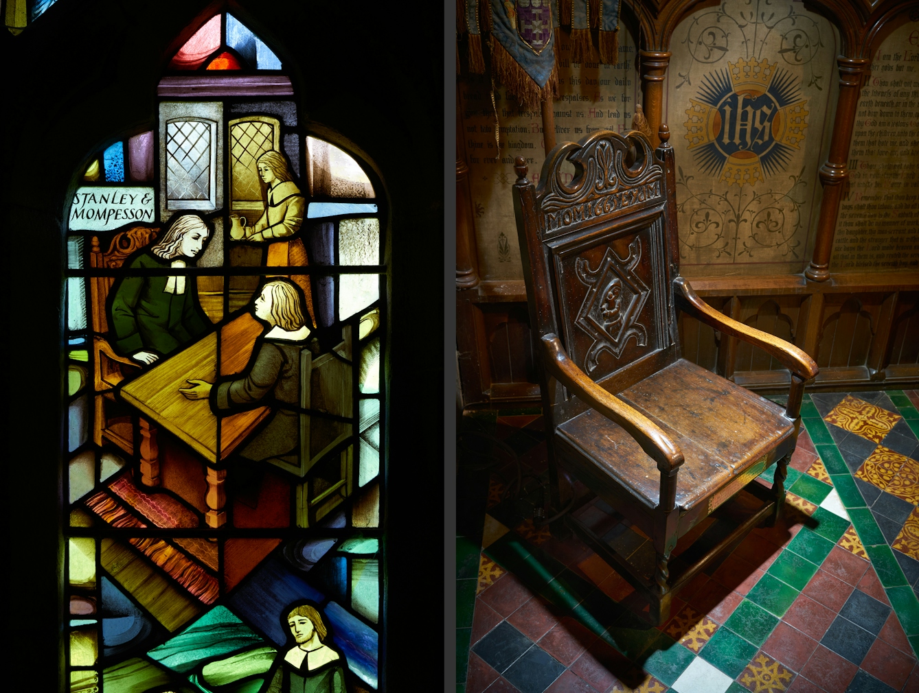 Photographic diptych showing on the left a modern stained glass windows in St Lawrence's Church in Eyam depicting scenes from the plague of 1665/6. On the right is a photograph of an engraved wooden chair believed to have been used by Mompesson during his crucial meetings with the villagers of Eyam.