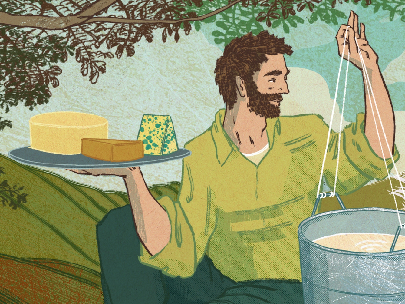 A digital illustration of a farmer in a field holding dairy products. The farmer is a white male with a dark beard, he is sat on the ground under the branches of a large tree. In his right hand is a large plate with various types of cheese, in his left hand is a pail full of milk. In the background we see rolling hills.