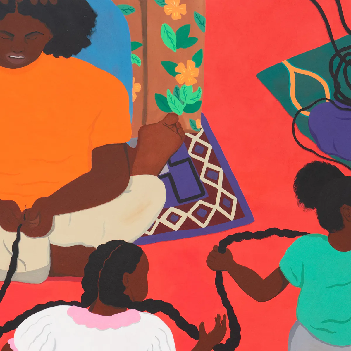 Illustration with bright colours of four people indoors. There is one adult sitting down braiding a child’s hair while another adult lies down and a second child stands close.