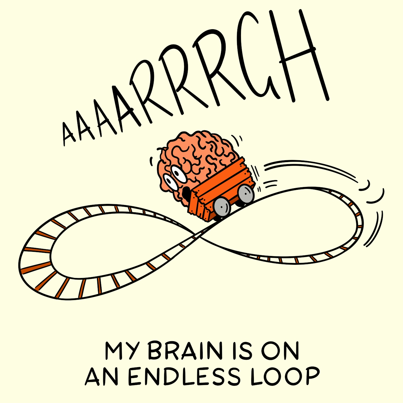 Panel 1 of a four-panel comic drawn digitally: a brain with eyes and eyebrows raised in surprise and an open mouth rides in a mine cart upon a track in the shape of an infinity loop, with "Aaarrrgh" written above. The caption text reads "My brain is on an endless loop"