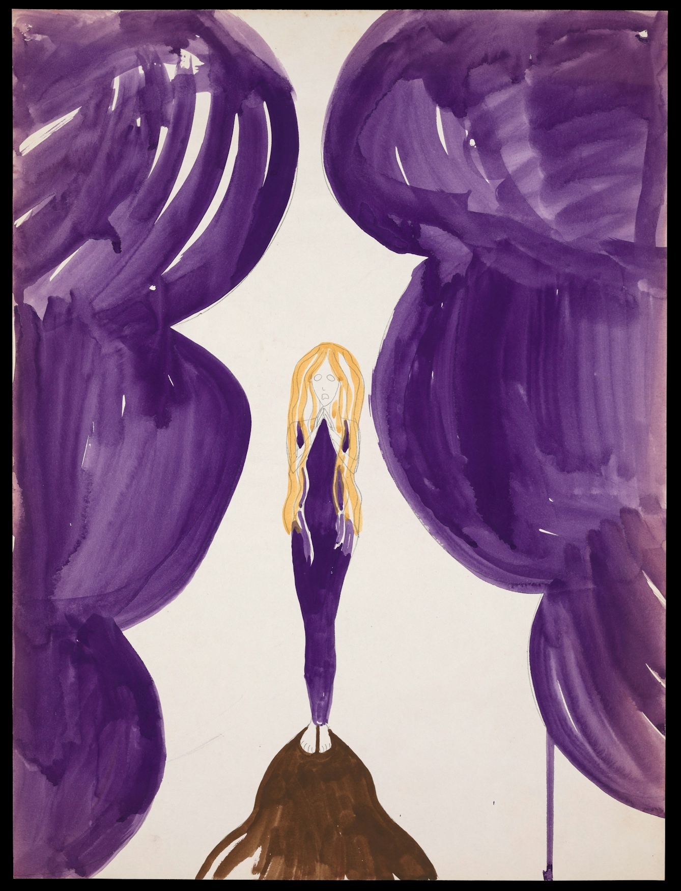 Photograph of a watercolour artwork showing a small female figure with long blond hair and large eyes, wearing a purple all-in-one bodysuit. She is standing on a brown mound-like structure. Her hands are raised to her chin, her mouth open in an expression of fear or worry. To either side of her, large purple cloud-like objects seem to be pushing in on her.