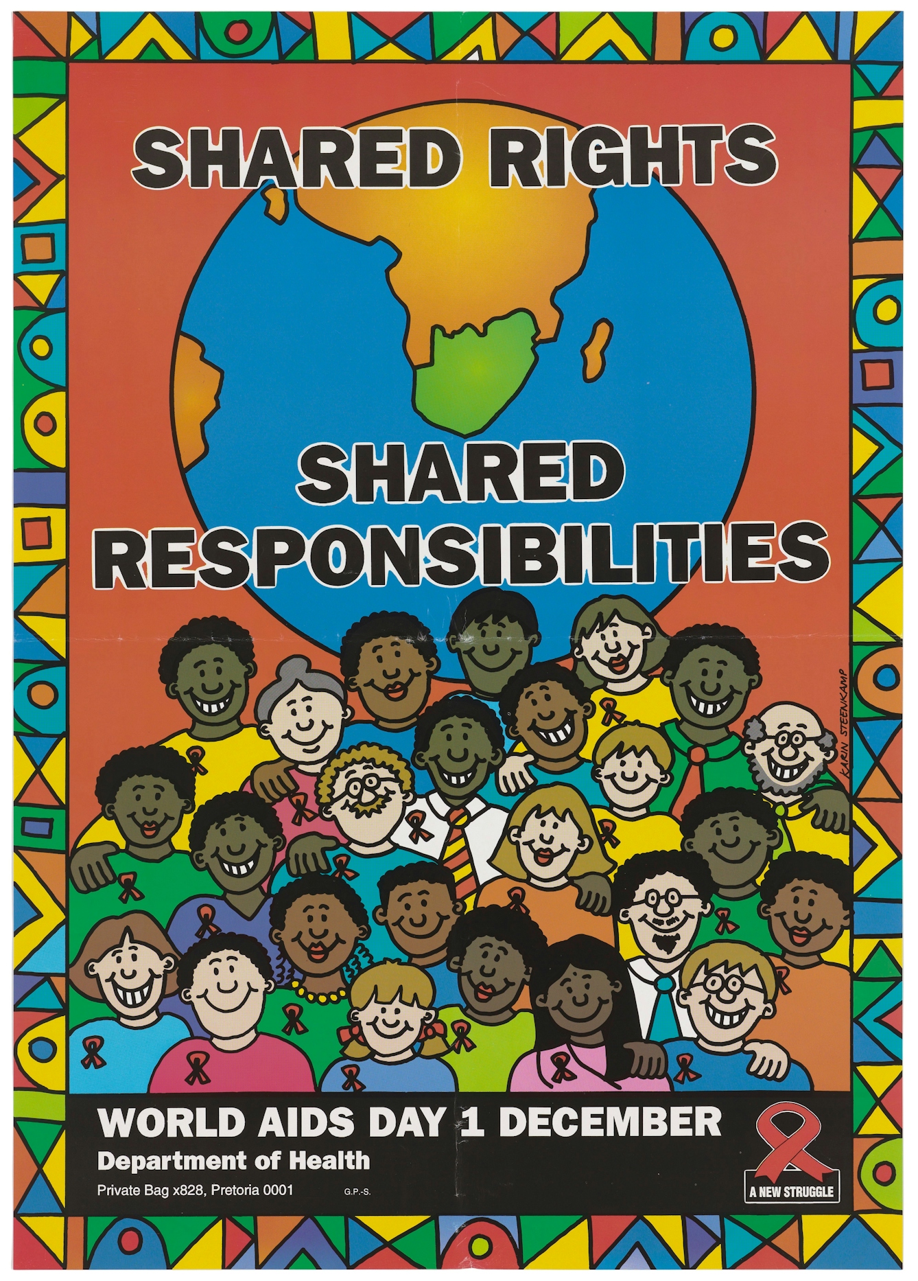 AIDS poster reading 'Shared rights, shared responsibilities' for World AIDS Day on 1 December. Illustration of about 20 smiling people.