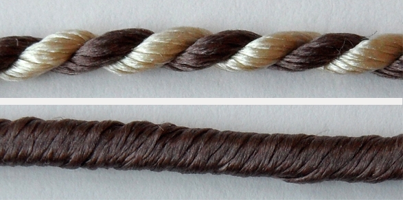 Diptych photograph showing two close-ups of embroidery thread. The top image shows a two-ply thread, made up of twisted brown and cream thread. The bottom image shows a brown gimp thread.