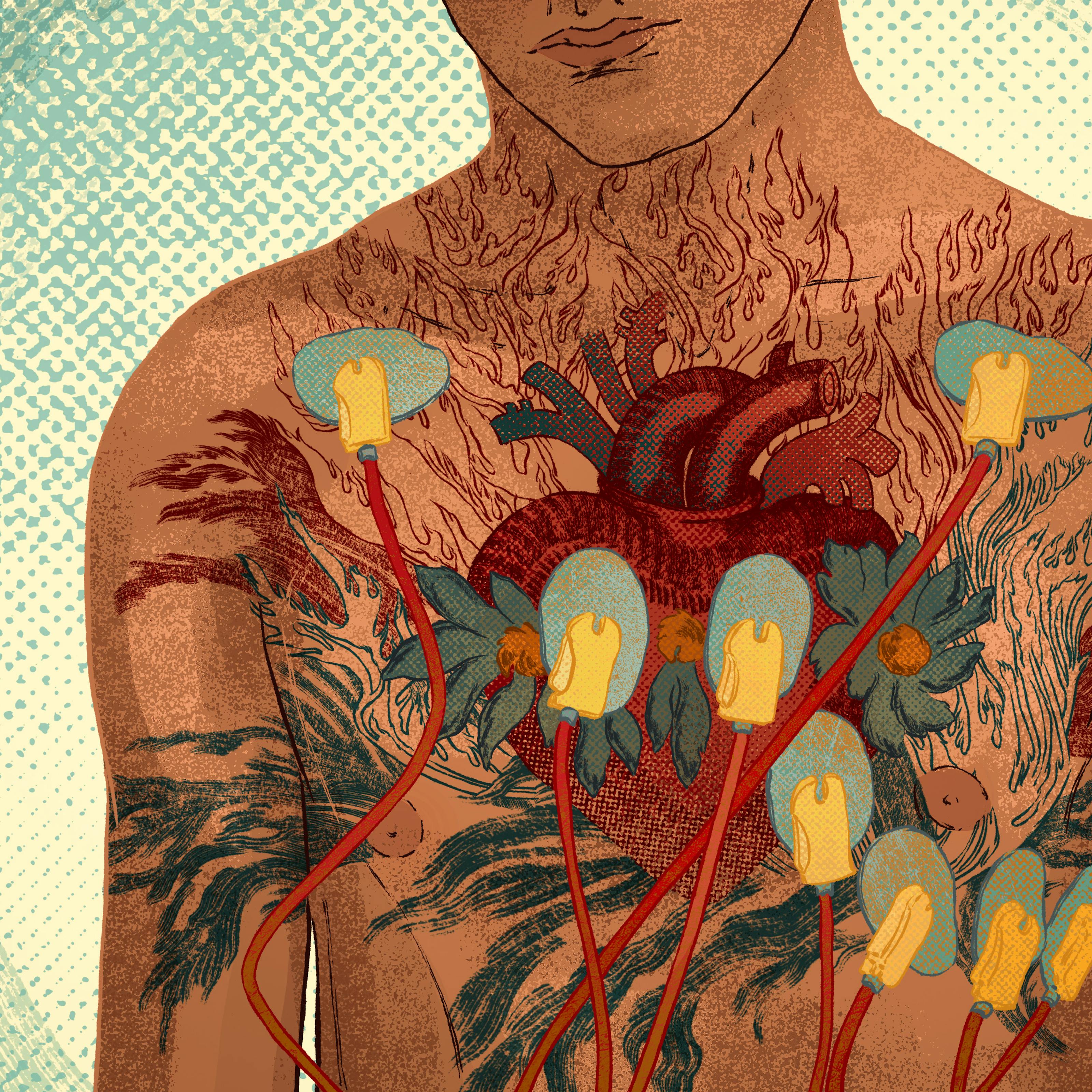 Digital colour artwork showing the bare chest, neck and chin of a man. On his chest is a colourful tattoo-like illustration of an anatomical drawing of a human heart set in flame-like decorative motifs. The tattoo is made up of red and blue tones. Attached to his chest, on top of the tattoo, are eight EGC heart monitoring electrodes with cables. Behind the figure is an abstract concentric circle and half-tone printed background pattern in yellows and blues.