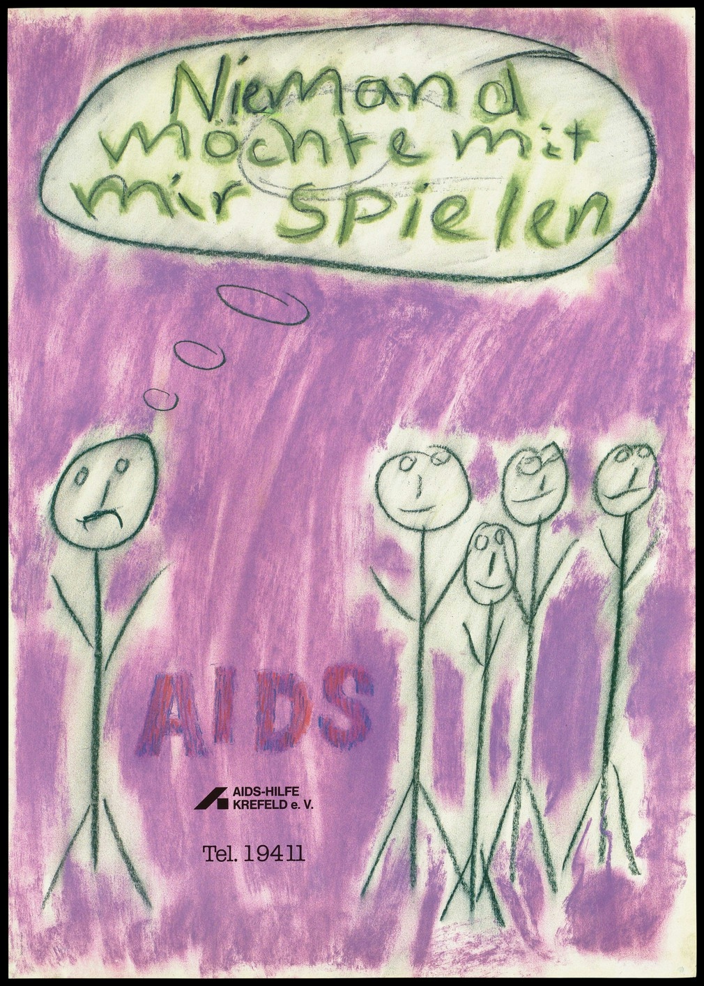 Poster depicting a group of four roughly drawn stick men in a group next to a single stick man on their own. German writing.