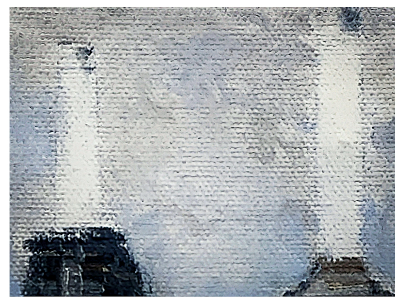 Photograph of a detail of a larger oil on canvas painting. The painting has been created with bold, think, textured brush strokes in a semi-abstract manner. The scene depicted is of Battersea Power Station in London with its distinct tall white chimneys. The sky behind the white chimney stacks is blue peppered with grey and white clouds.