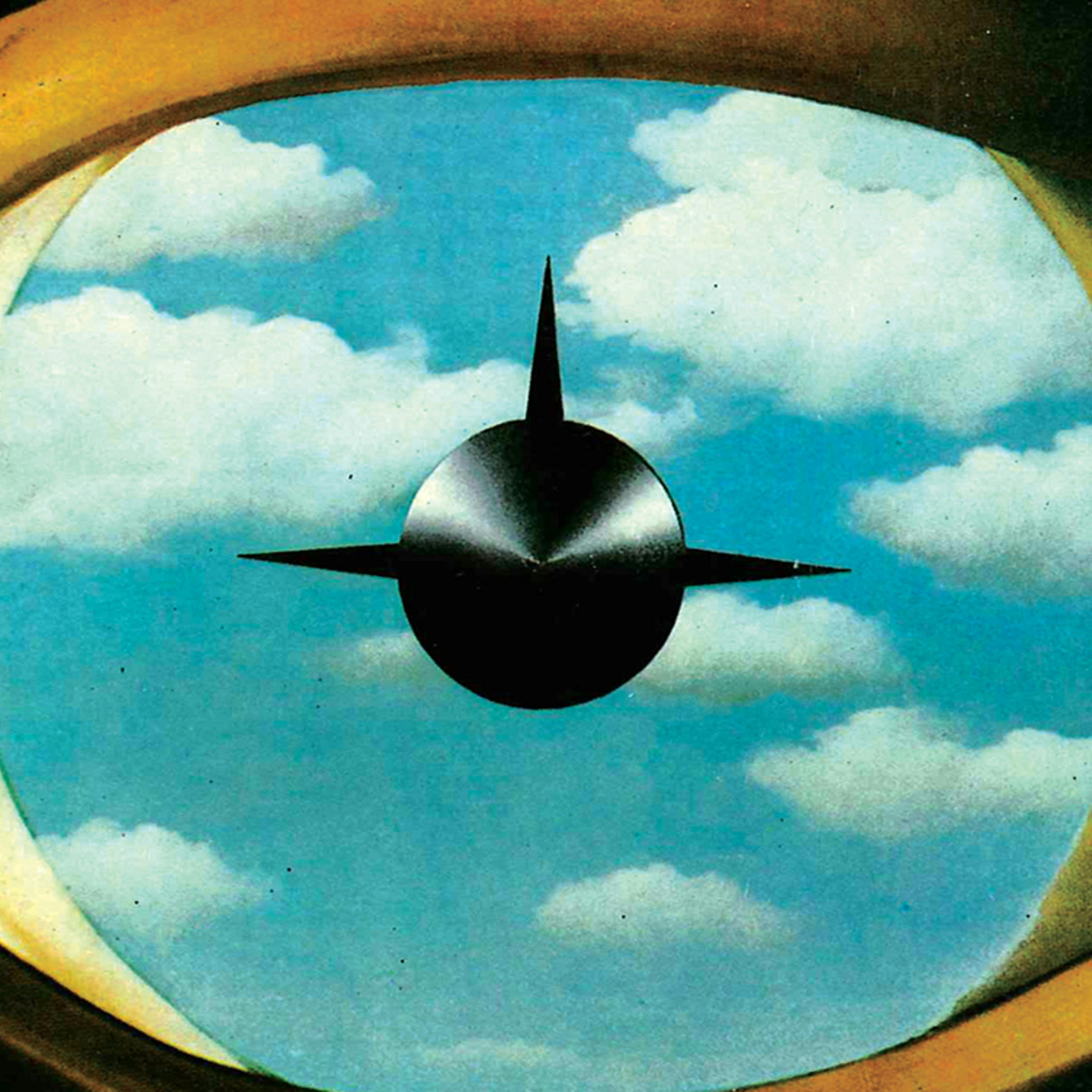A human eye within which there is sky, and the image of a missile