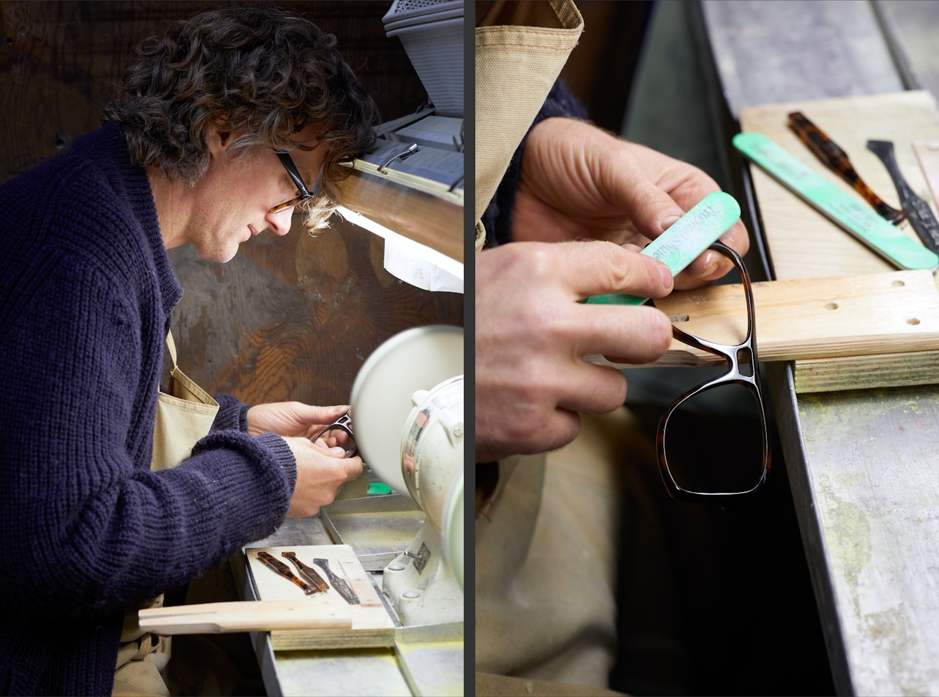 Photographic diptych. The image on the left shows a man in a blue knitted top bent over a polishing machine. He is using the machine to polish the component parts of a pair of spectacles. The image on the right shows the hands of the same man close up as he uses a flat file to smooth parts of the spectacle frame.