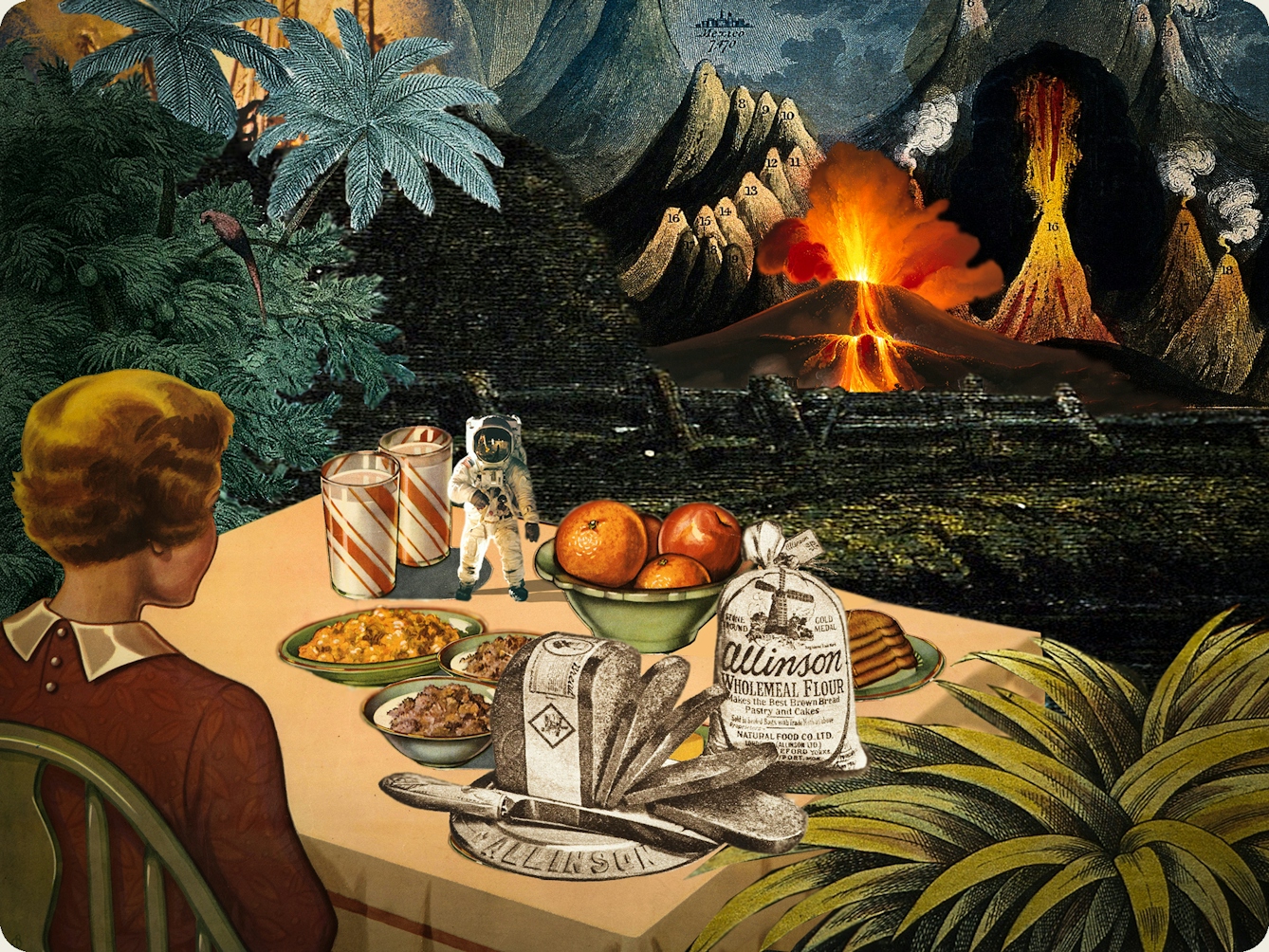 Artwork using collage. The collaged elements are made up of archive material which includes vintage and contemporary photographs, etchings, painted illustrations, lithographic prints and line drawings. This artwork depicts a scene with elements of outer space. In the background are volcanic like mountain peaks, some of which are erupting. In the foreground to the left a woman is sat at a kitchen table with her back to the viewer. On the table is a loaf of sliced bread, bowls of cereal, two glasses of milk, a bowl of fruit and very small astronaut.