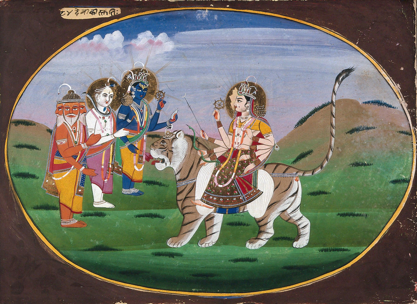 Painitng of the goddess Durga on a tiger, facing the three Hindu gods Shiva, Vishnu, Brahma.