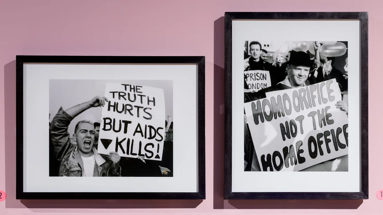 Framed photographs showing protest scenes and placards, arranged on a pink gallery wall.
