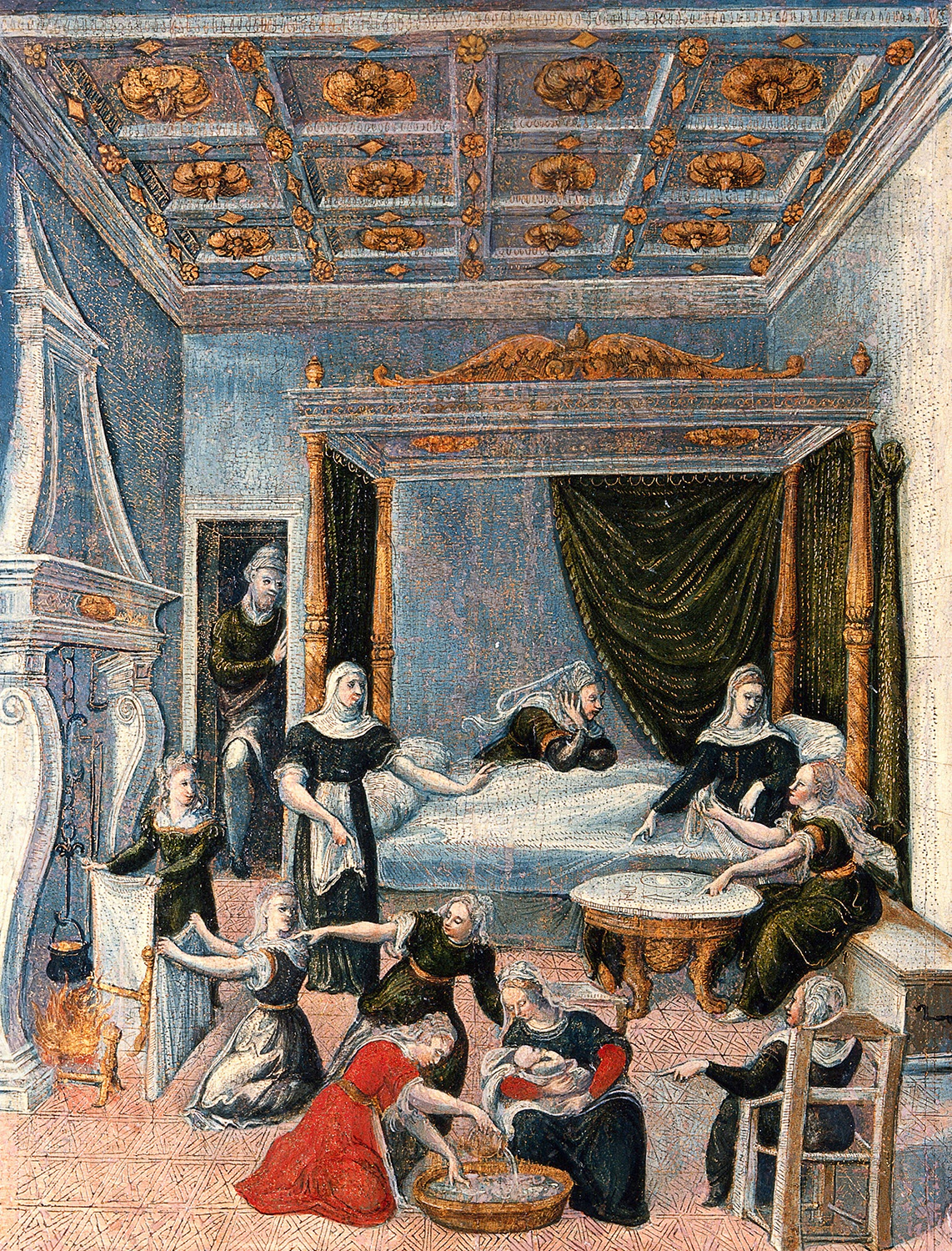 In a wealthy medieval bedroom, lots of women are busy attending to a woman in a four-poster bed who has just given birth. In the foreground, three women kneel on the floor, washing the new born baby with water from a shallow bowl.