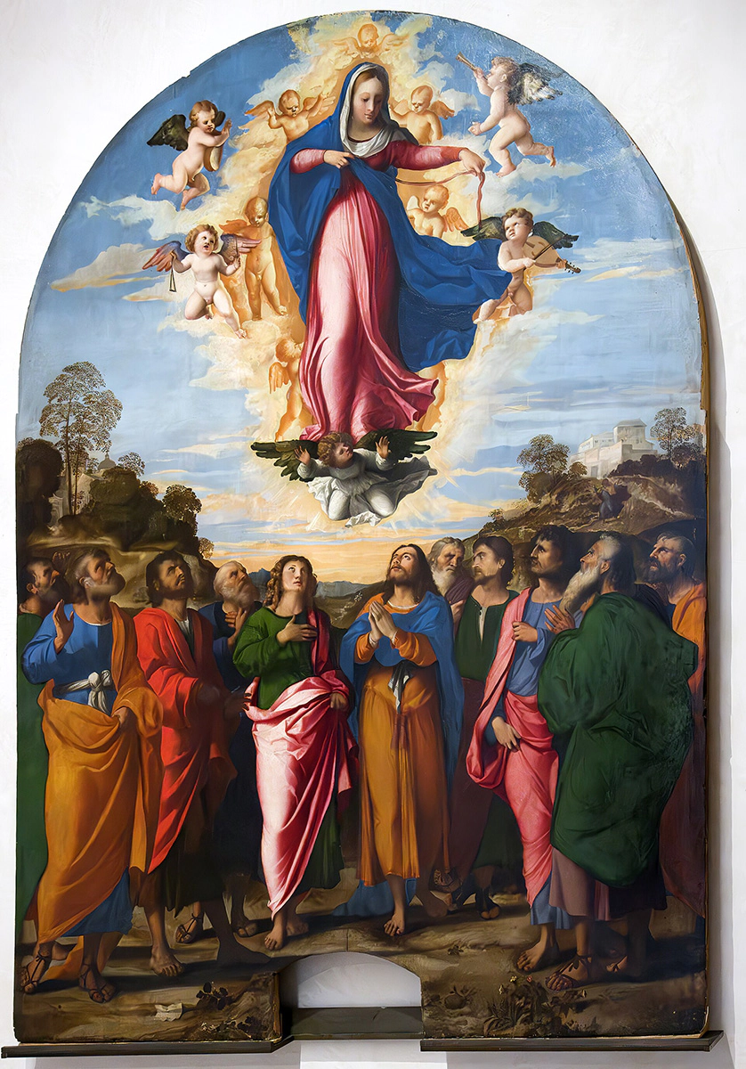 An oil painting of the Virgin Mary rising up to heaven accompanied by cherubs. She looks down at the disciples looking up at her from the ground. In her hands is her girdle (belt), which she prepares to throw down to them.