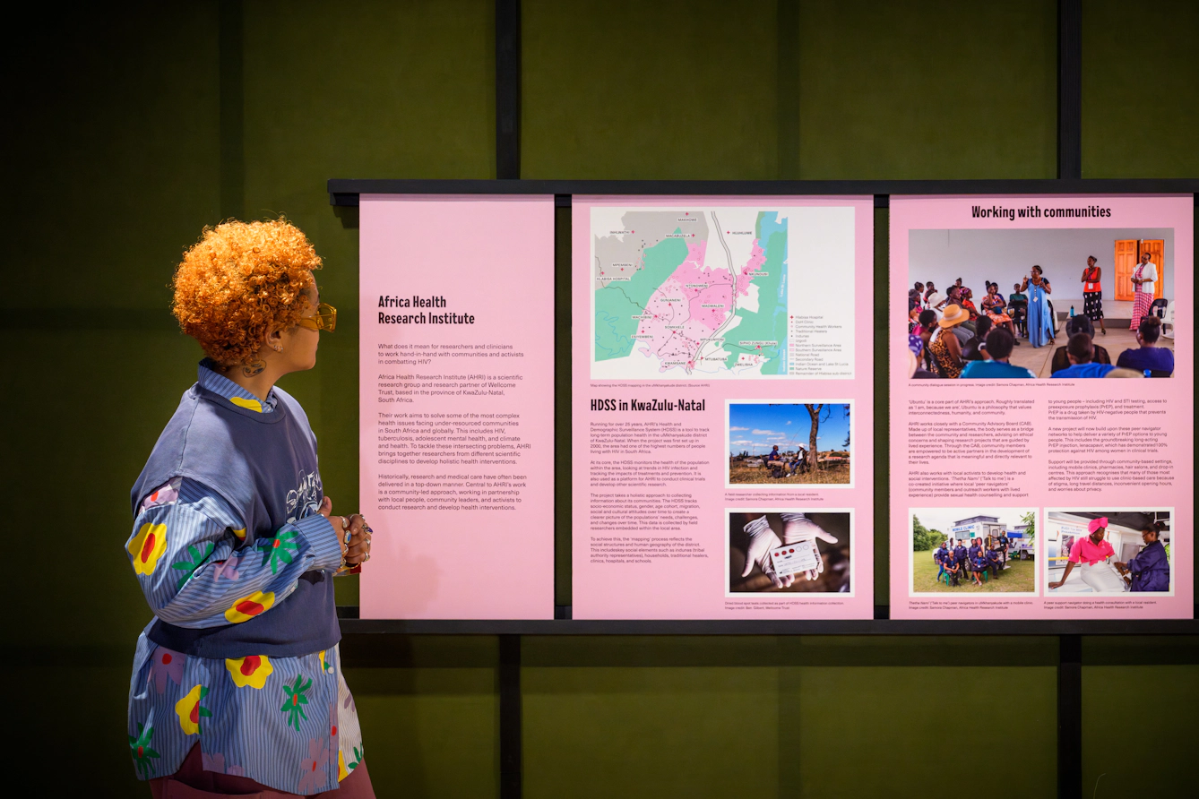 Photograph of an exhibition visitor looking at 3 wall mounted information panels, titled 'Africa Health Research Institute'. The panels contain text, maps and photographs.