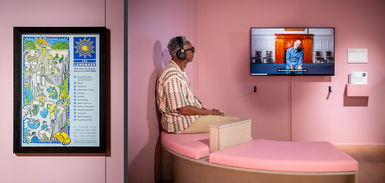 Photographic diptych showing the corner of an exhibition space. The image on the left shows a closeup of a framed poster titled 'The Landmark, A Centre for People affected by HIV/AID'. The image on the right shows a visitor wearing headphones seated on a bench watching a film on a wall mounted TV screen.