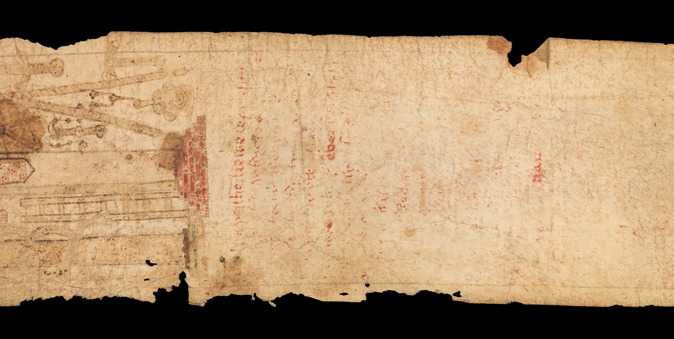 Section of an unrolled medieval birth scroll showing signs of heavy wear and tear, text rubbed feint and stains on the parchment.