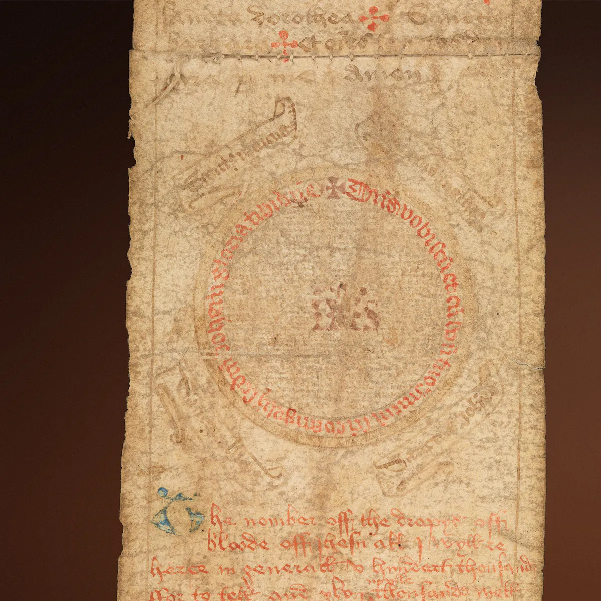 Section of an unrolled medieval birth scroll showing signs of heavy wear, text rubbed feint and illustrations.