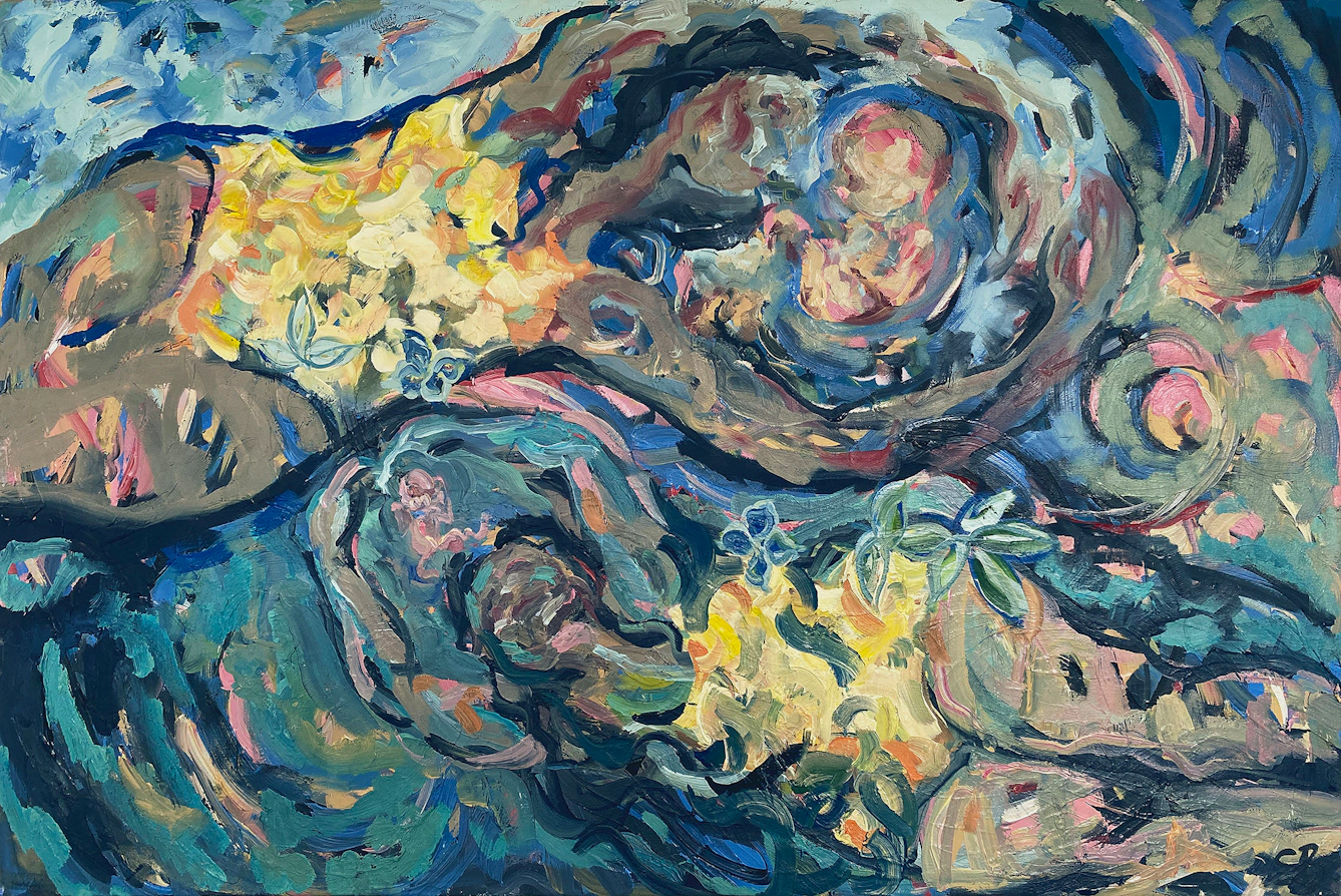 An oil panting by Sue Bridge of two women in yellow swim suits floating on their backs in the water. Their arms are clasped over their heads, encircling a baby in the foetal position.