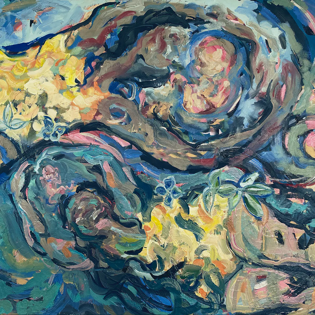 An oil panting by Sue Bridge of two women in yellow swim suits floating on their backs in the water. Their arms are clasped over their heads, encircling a baby in the foetal position.