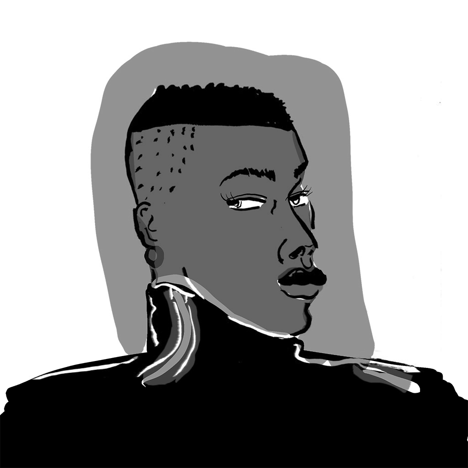 Black and white illustrated headshot of artist Ngadi Smart. 