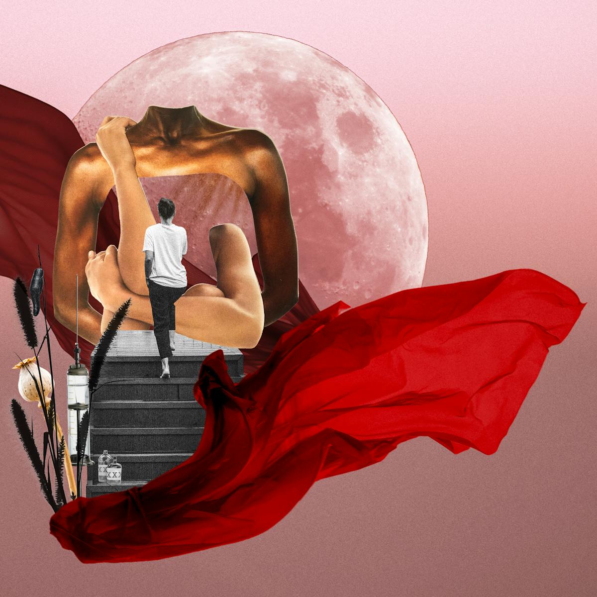 Digital collage artwork made up of pink, red and black and white hues. At the centre is a large image of the moon. Overlaid on top are two sheets of red fabric billowing and flowing as if in the wind. One flows to the left and the other to the right. In between them is a staircase rising up. At the top is the back of a woman who has just reach the top. In front of her are fragments of two large female torsos which are transparent and through which the moon behind can be seen. At the base of the staircase are a collection of objects, a poppy seed head, a syringe, a leech, grasses and 2 bottles with XXX printed on the label.