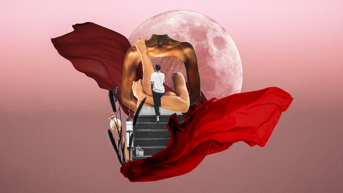 Digital collage artwork made up of pink, red and black and white hues. At the centre is a large image of the moon. Overlaid on top are two sheets of red fabric billowing and flowing as if in the wind. One flows to the left and the other to the right. In between them is a staircase rising up. At the top is the back of a woman who has just reach the top. In front of her are fragments of two large female torsos which are transparent and through which the moon behind can be seen. At the base of the 