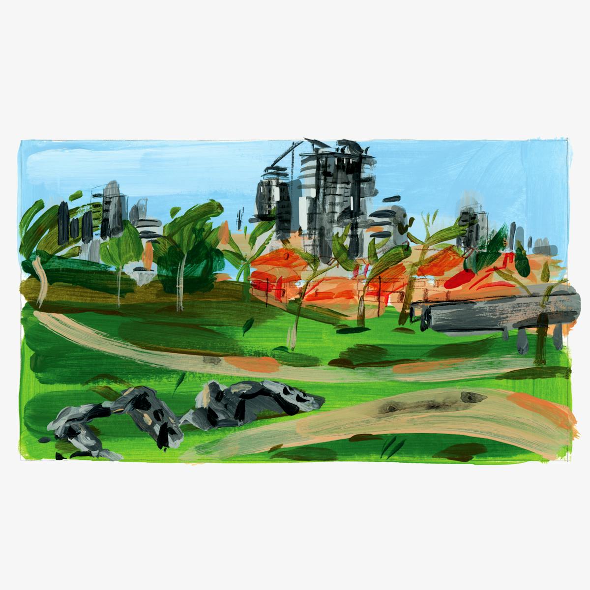Painted artwork with vivid saturated colours. The scene shows an abstract landscape showing a built up landscape set within green parklands. In the distance are grey concrete high rise housing constructions set against a blue sky. The middle distance gives way to red brick low rise buildings and the foreground is taken over with green grasslands and footpaths.