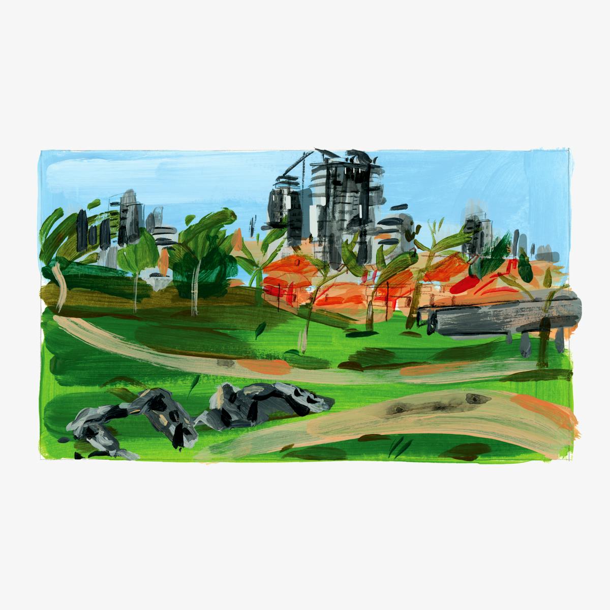 Painted artwork with vivid saturated colours. The scene shows an abstract landscape showing a built up landscape set within green parklands. In the distance are grey concrete high rise housing constructions set against a blue sky. The middle distance gives way to red brick low rise buildings and the foreground is taken over with green grasslands and footpaths.