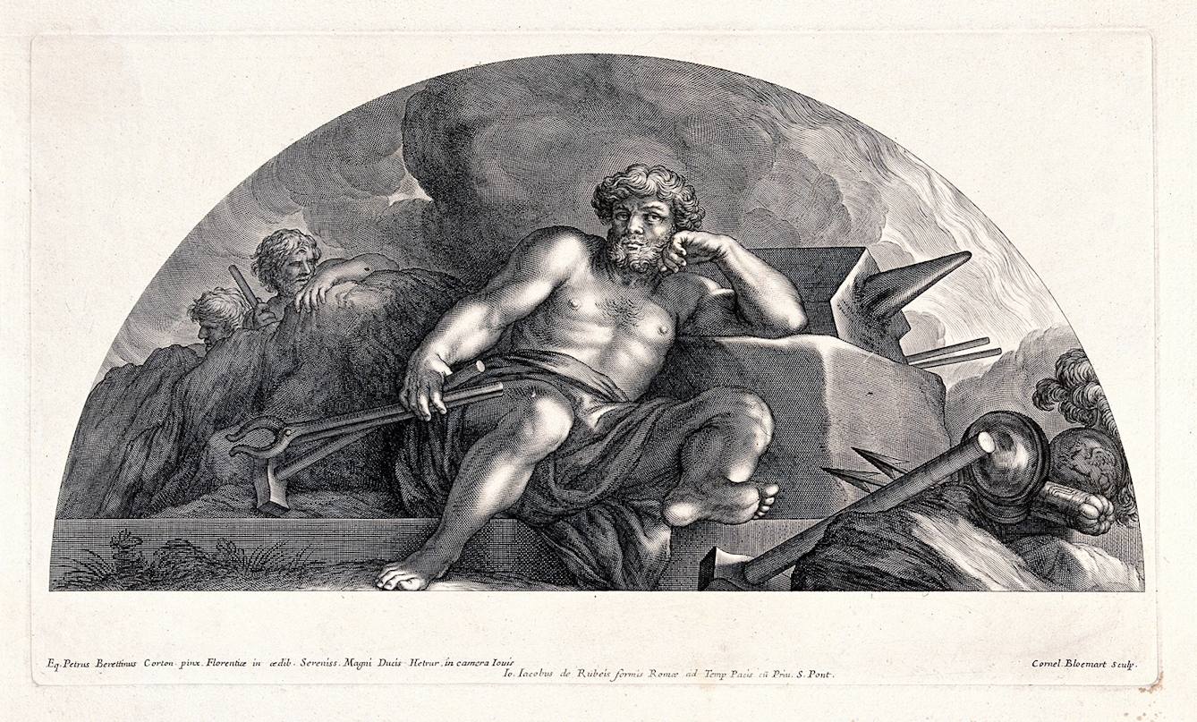 Roman god Vulcan reclining against his anvil iwth tools in his hands