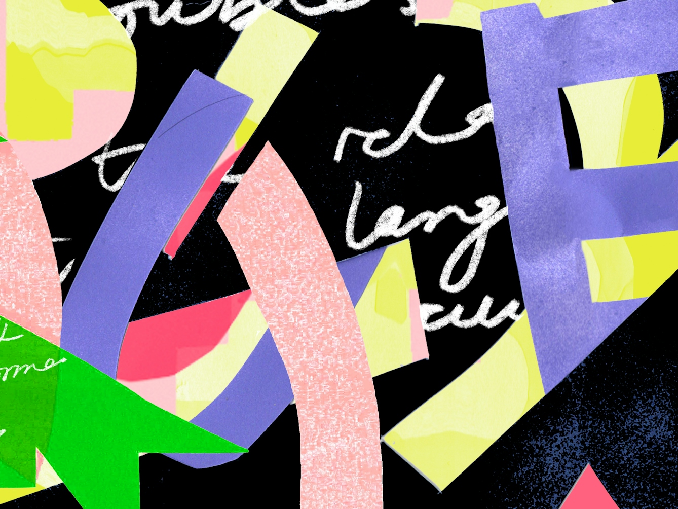 Detail from a larger colourful digital artwork created in a collage aesthetic. The artwork is made up of fragments of letters, geometric shapes and snippets of handwritten, joined up text. The hues are pinks, greens, purples and yellows, set against a dark black and blue background. The letters are sometimes the right way up and sometimes at an angle. Other graphic elements overlap them, obscuring parts. The handwritten text is not easy to read, but flows through the background. The overall feel is of graphic fragmentation with communication at its centre.