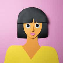 Colour paper-cut artwork depicting the head and shoulders of a young woman with bobbed black hair with a fringe and a yellow 'v' neck top.